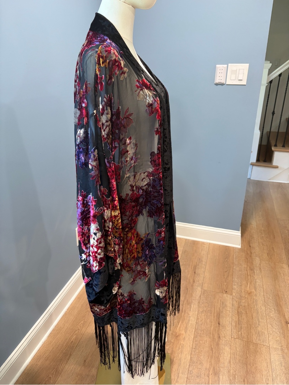 Cacique Floral Burnout Velvet Fringe Kimono Duster Black Burgundy Plus 18/20 - Picture 3 of 9